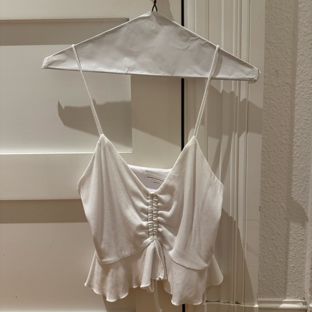 Lovers + Friends White Ruched Tie-Front Ruffle Camisole